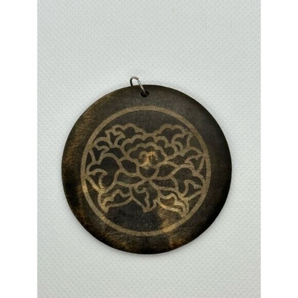 Handcrafted Wooden Circle Pendant With Carved Floral Design - Picture 1 of 4